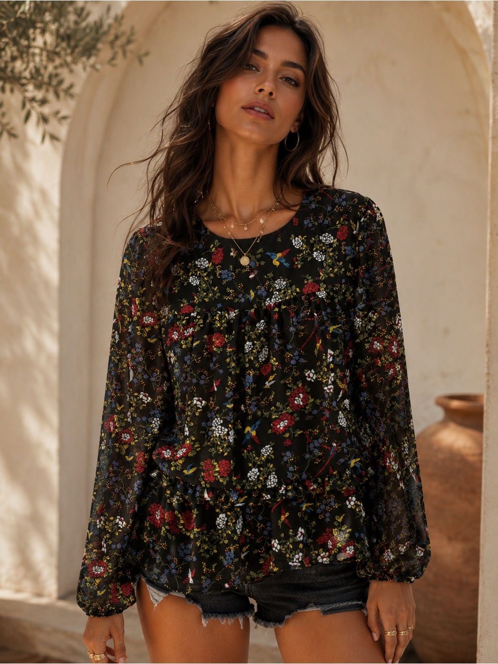 Madewell Black Boho Sheer Sleeve Peplum Top in Finch Floral Bird